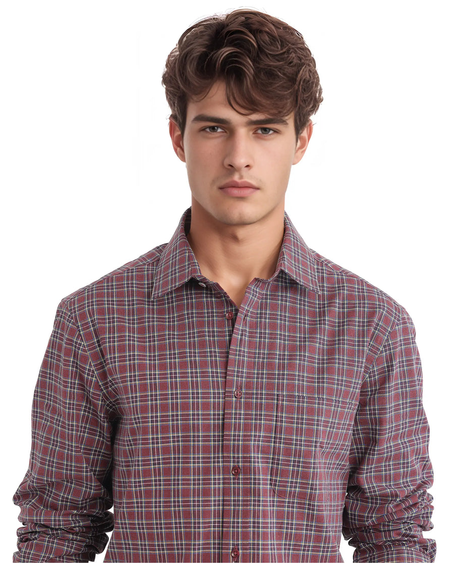 Rare Rabbit Men's Plix Maroon Cotton Checked Print Regular Fit Full Sleeve Collared Shirt