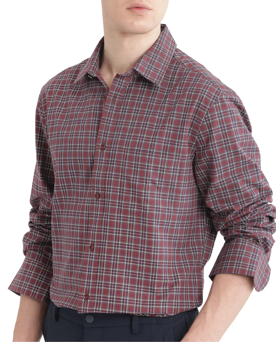 Rare Rabbit Men's Plix Maroon Cotton Checked Print Regular Fit Full Sleeve Collared Shirt