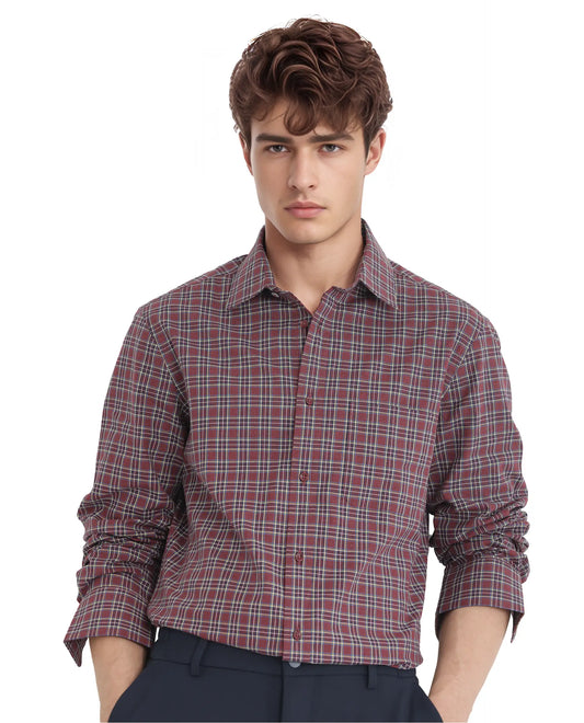 Rare Rabbit Men's Plix Maroon Cotton Checked Print Regular Fit Full Sleeve Collared Shirt