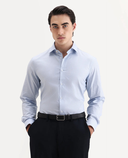 Rare Rabbit Men's Plom Blue Cotton Fabric Collared Neck Regular Fit Plain Shirt