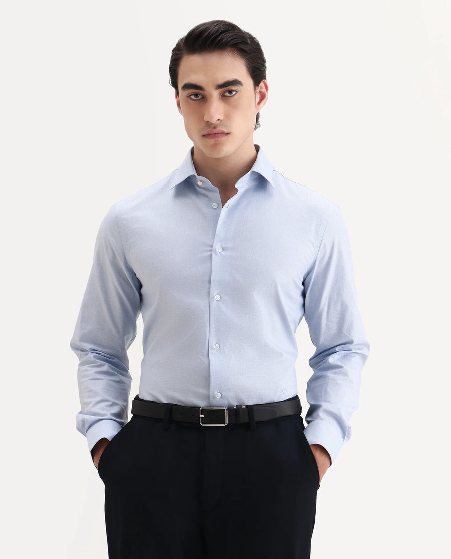 Rare Rabbit Men's Plom Blue Cotton Fabric Collared Neck Regular Fit Plain Shirt