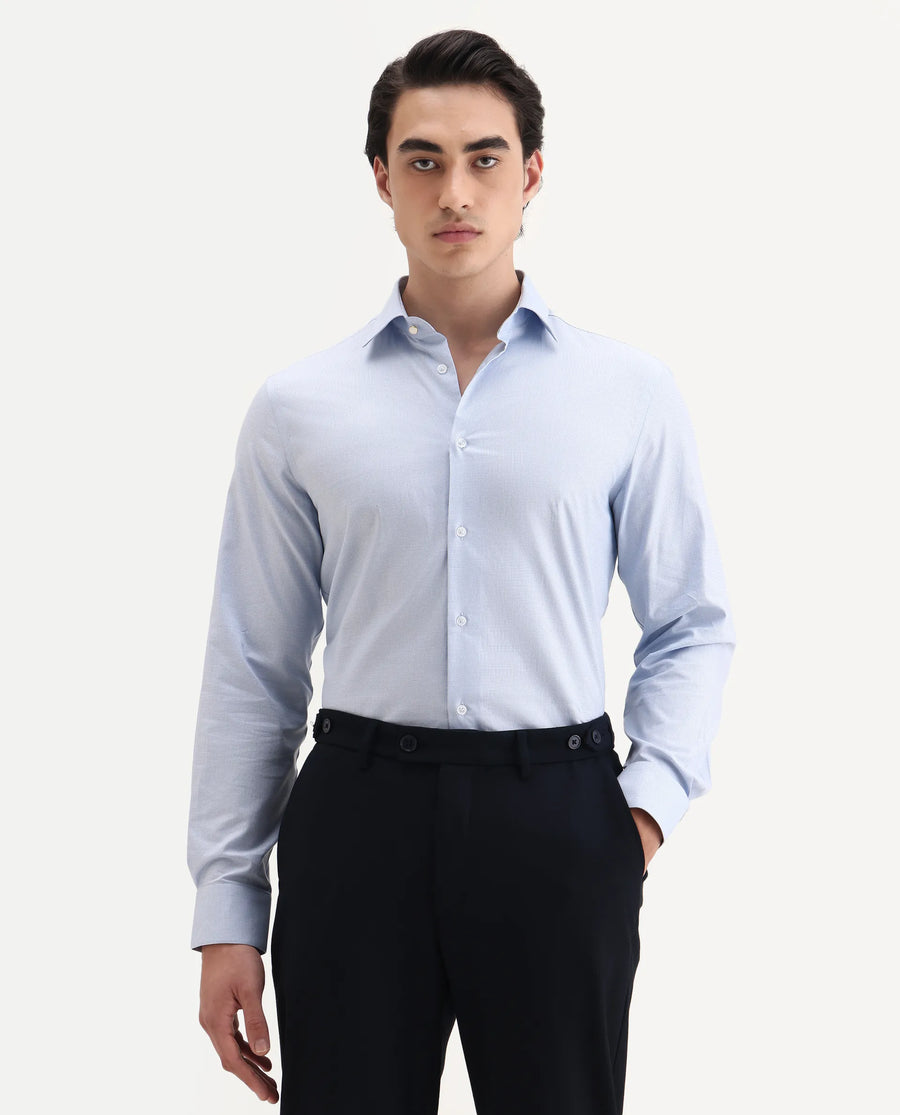Rare Rabbit Men's Plom Blue Cotton Fabric Collared Neck Regular Fit Plain Shirt