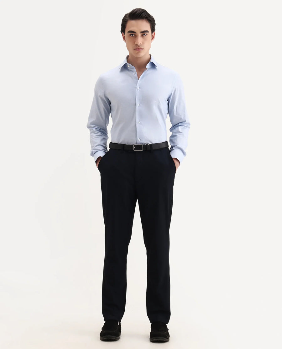 Rare Rabbit Men's Plom Blue Cotton Fabric Collared Neck Regular Fit Plain Shirt