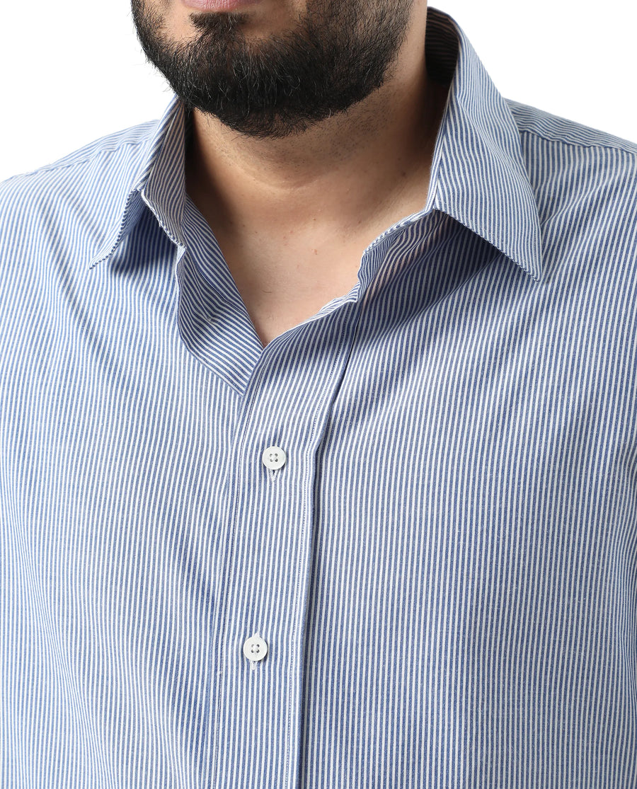 Rare Rabbit Men's Pluf Big Blue Cotton Blend Fabric Full Sleeve Spread Collar Button Closure Regular Fit Striped Shirt
