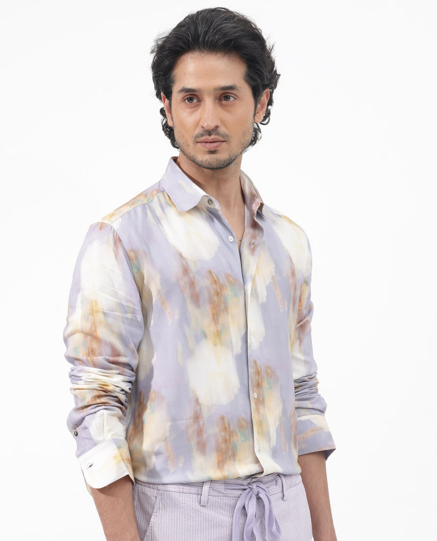 Rare Rabbit Men's Plushy Ls Pastel Purple Viscose Abstract Print Regular Fit Full Sleeve Collared Shirt