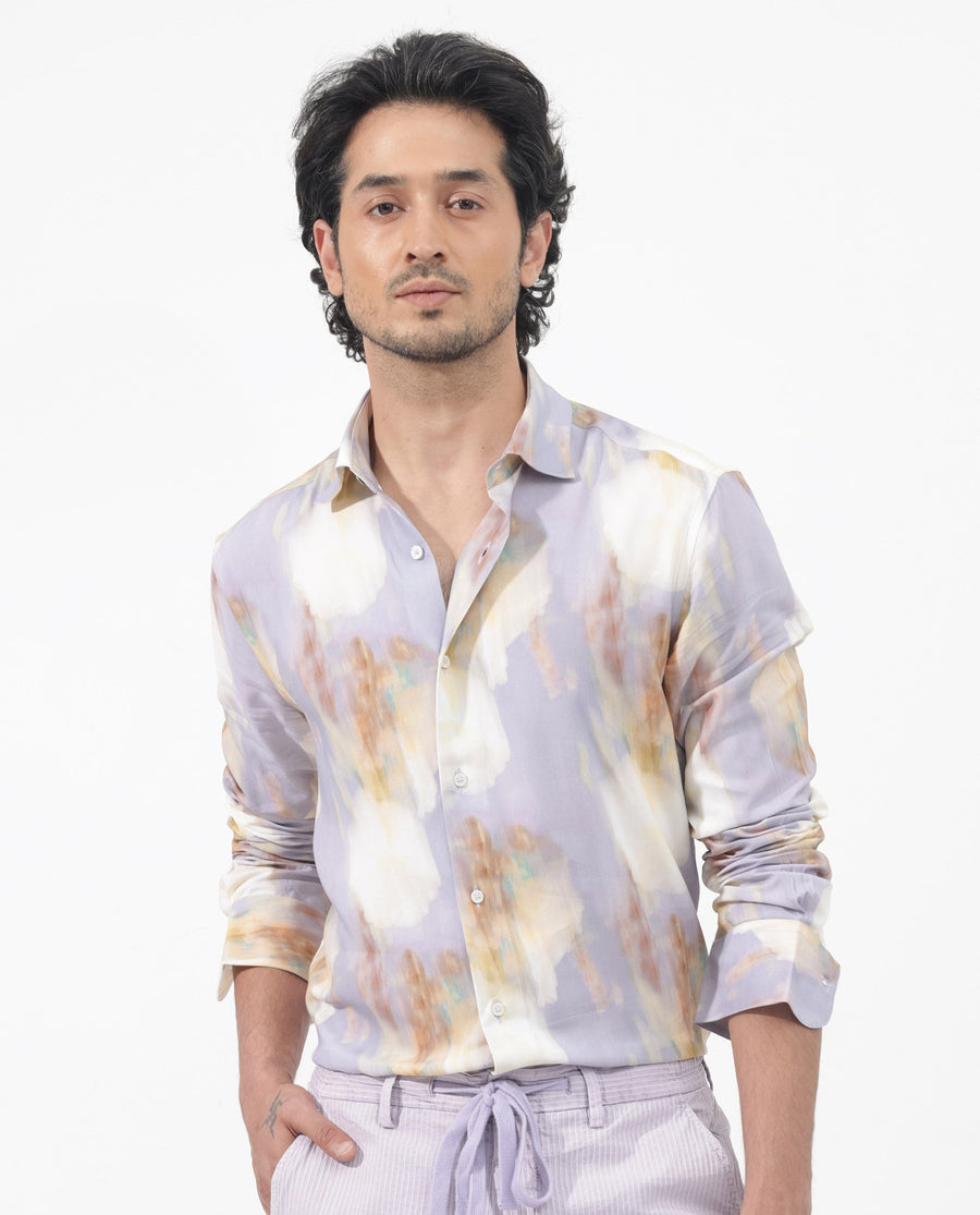 Rare Rabbit Men's Plushy Ls Pastel Purple Viscose Abstract Print Regular Fit Full Sleeve Collared Shirt