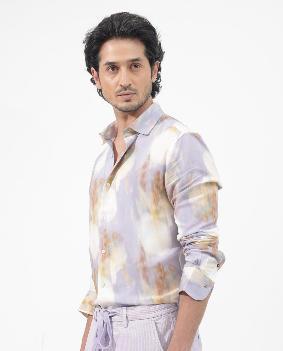Rare Rabbit Men's Plushy Ls Pastel Purple Viscose Abstract Print Regular Fit Full Sleeve Collared Shirt