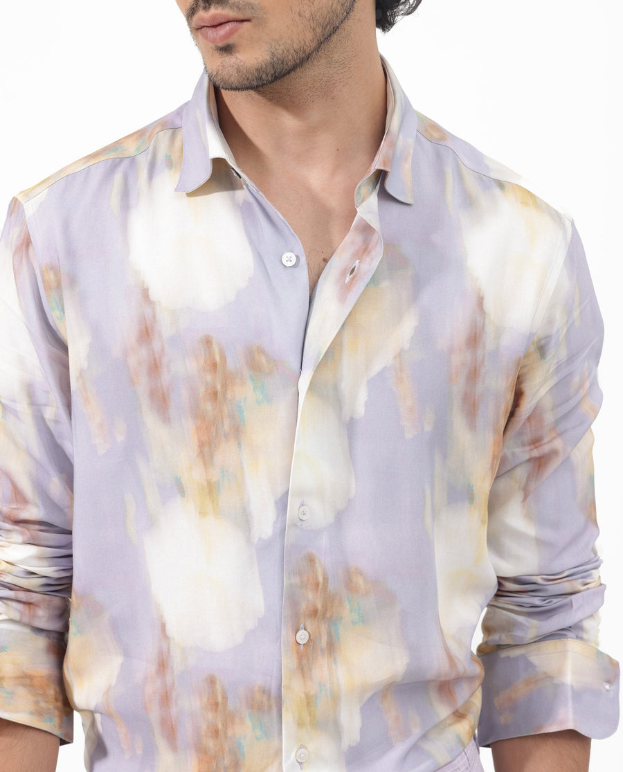 Rare Rabbit Men's Plushy Ls Pastel Purple Viscose Abstract Print Regular Fit Full Sleeve Collared Shirt