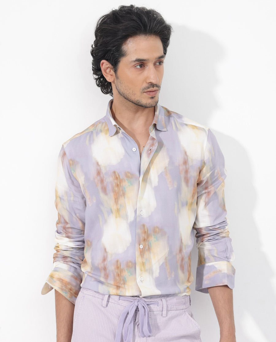 Rare Rabbit Men's Plushy Ls Pastel Purple Viscose Abstract Print Regular Fit Full Sleeve Collared Shirt
