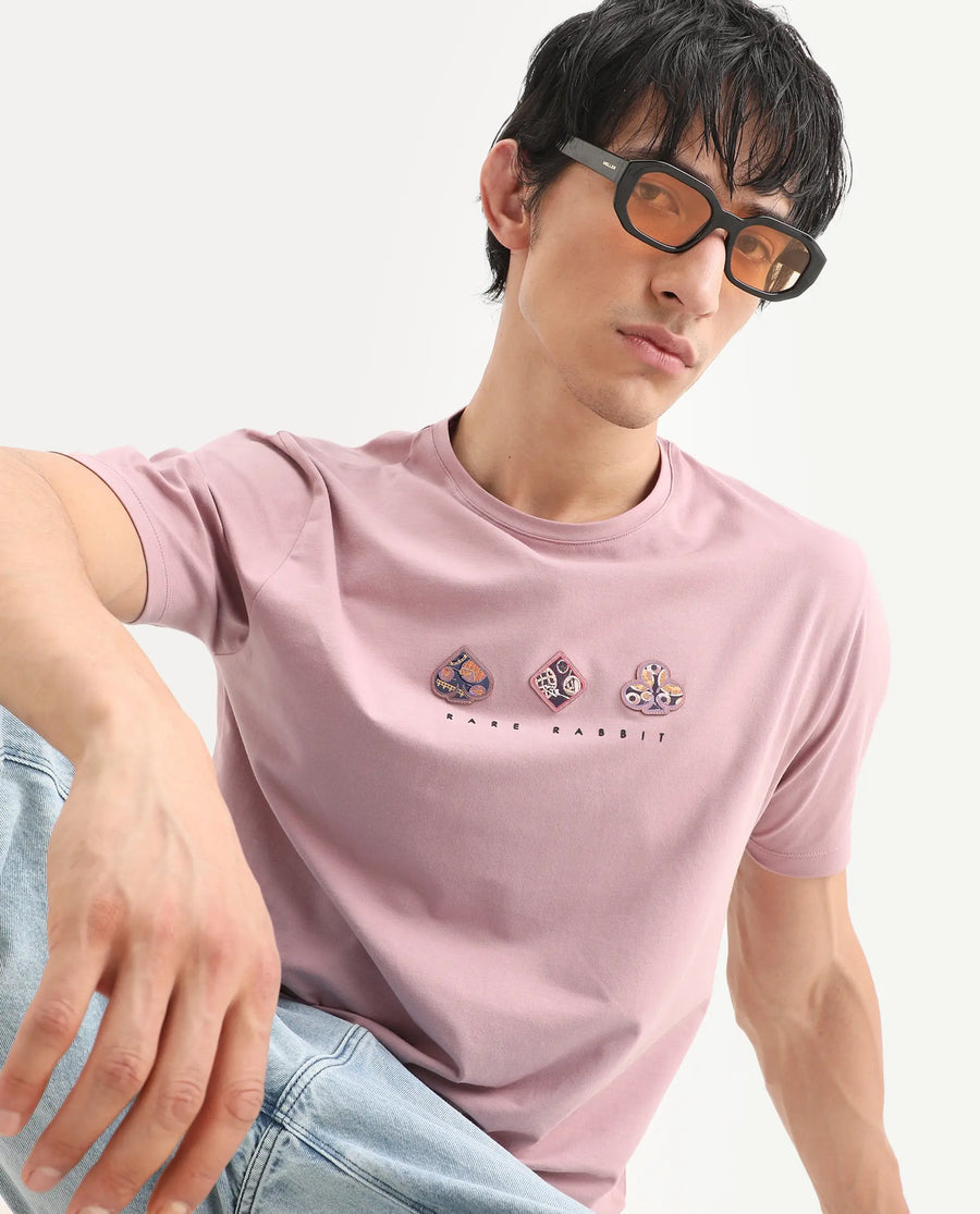 Rare Rabbit Men's Poat Dusky Pink Cotton Blend Fabric Half Sleeve Crew Neck Regular Fit T-Shirt