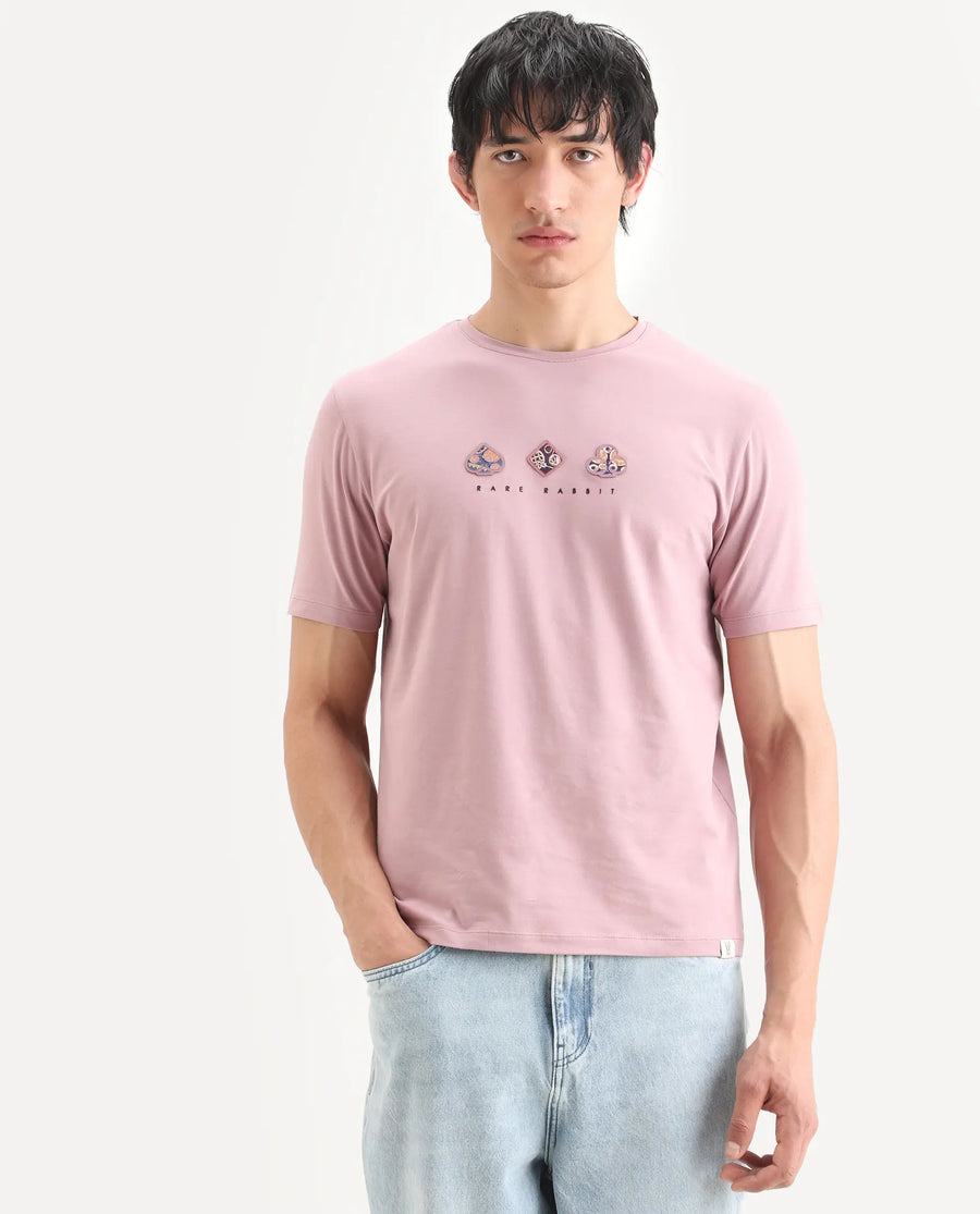 Rare Rabbit Men's Poat Dusky Pink Cotton Blend Fabric Half Sleeve Crew Neck Regular Fit T-Shirt