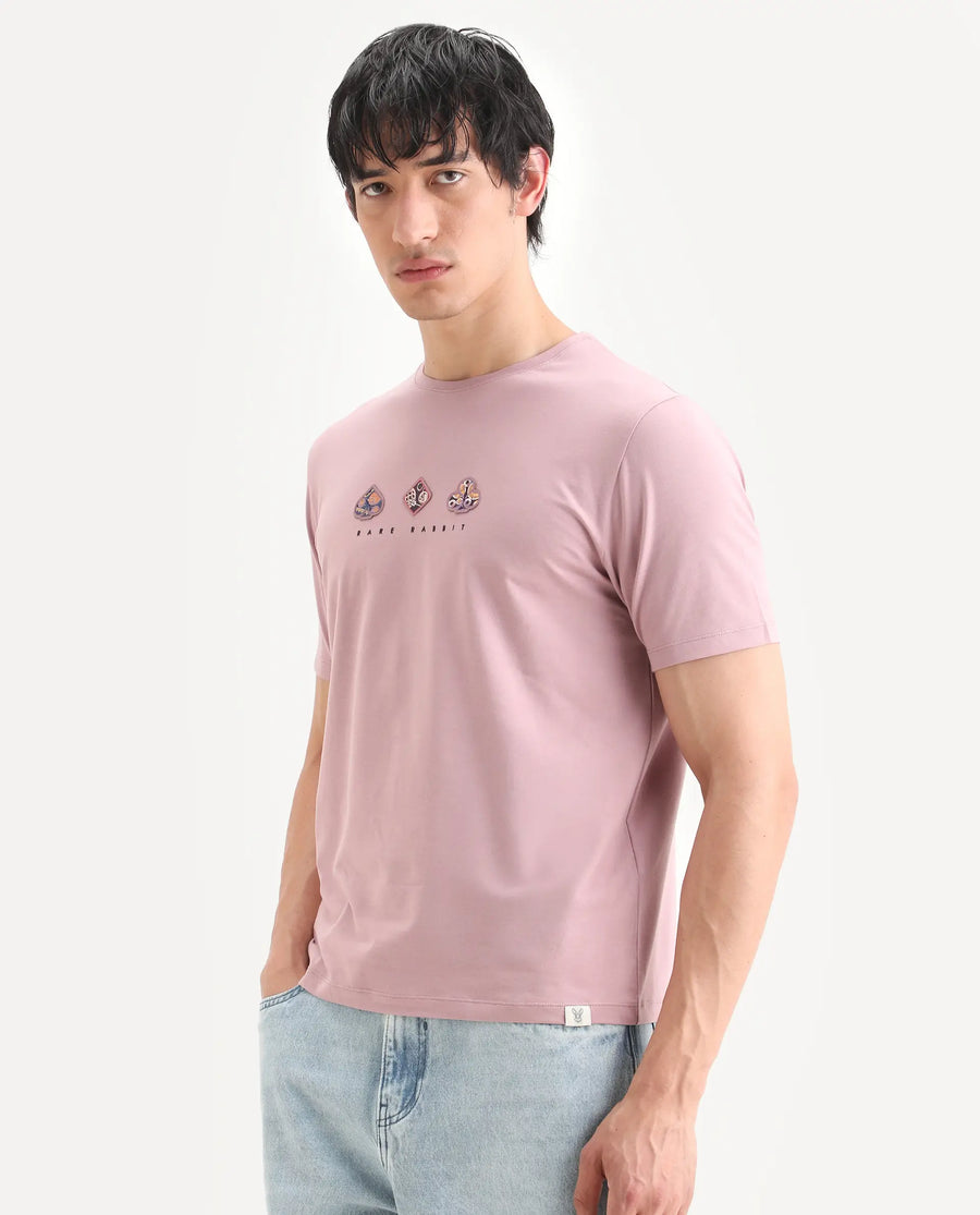 Rare Rabbit Men's Poat Dusky Pink Cotton Blend Fabric Half Sleeve Crew Neck Regular Fit T-Shirt
