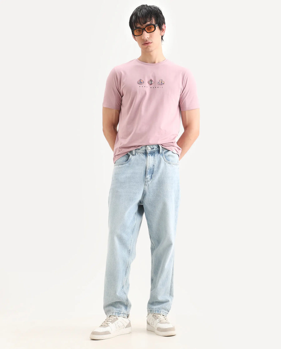 Rare Rabbit Men's Poat Dusky Pink Cotton Blend Fabric Half Sleeve Crew Neck Regular Fit T-Shirt