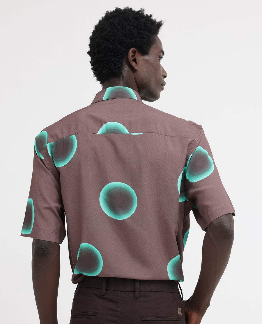 Rare Rabbit Men's Poblur Brown Viscose Polka Print Boxy Fit Half Sleeve Collared Shirt