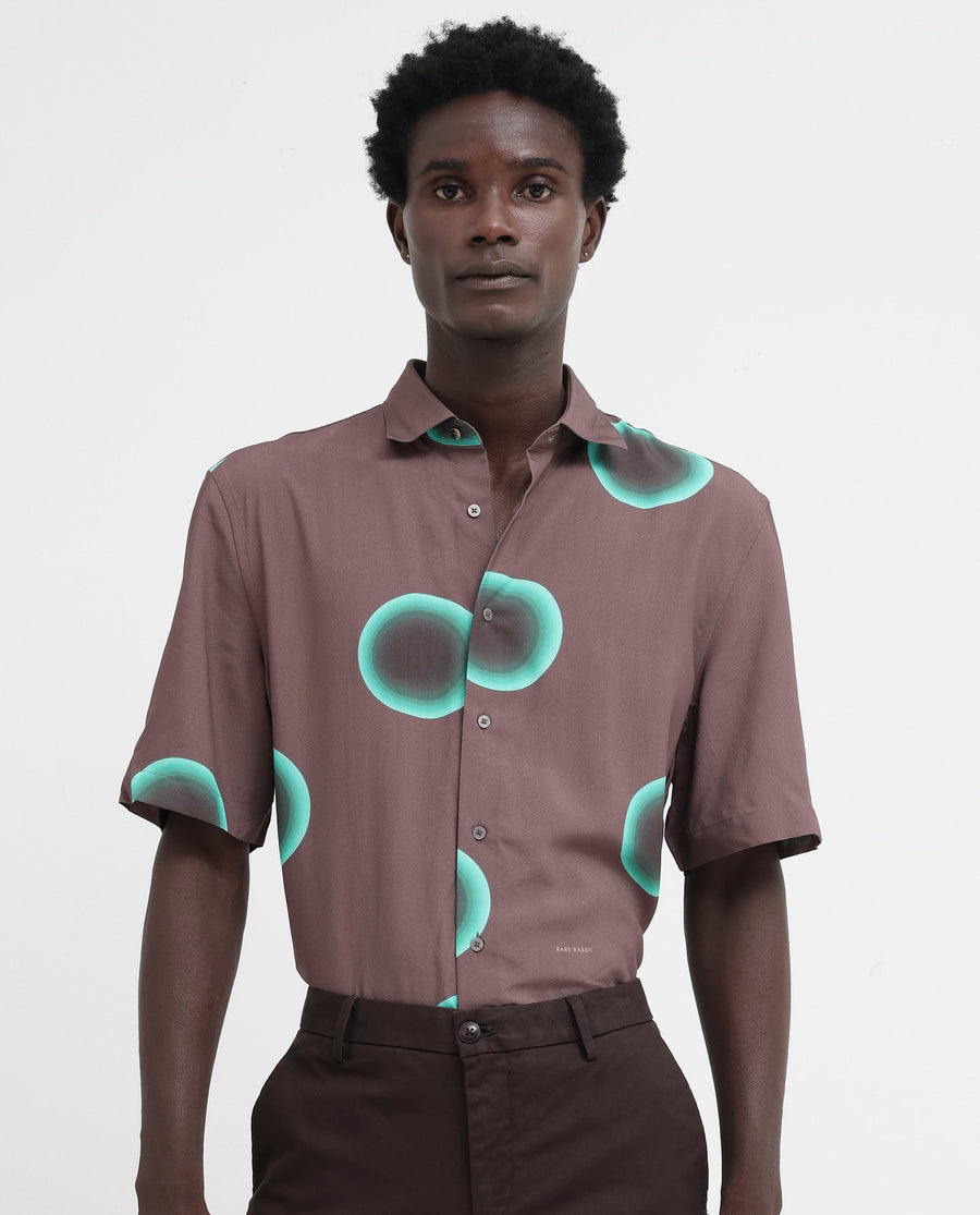 Rare Rabbit Men's Poblur Brown Viscose Polka Print Boxy Fit Half Sleeve Collared Shirt