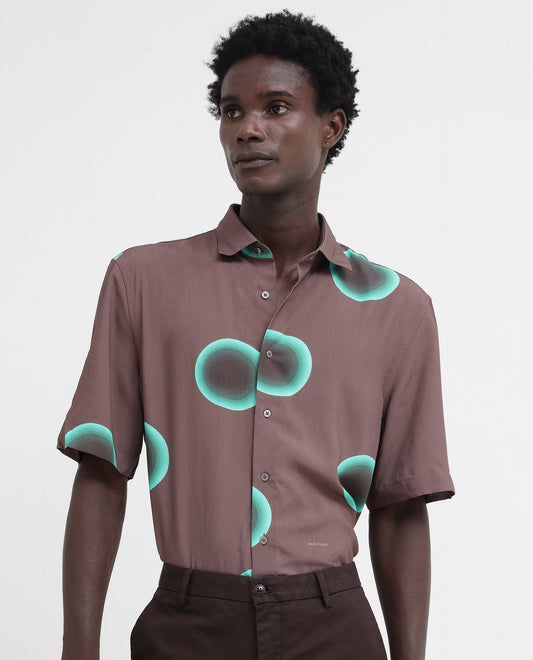 Rare Rabbit Men's Poblur Brown Viscose Polka Print Boxy Fit Half Sleeve Collared Shirt