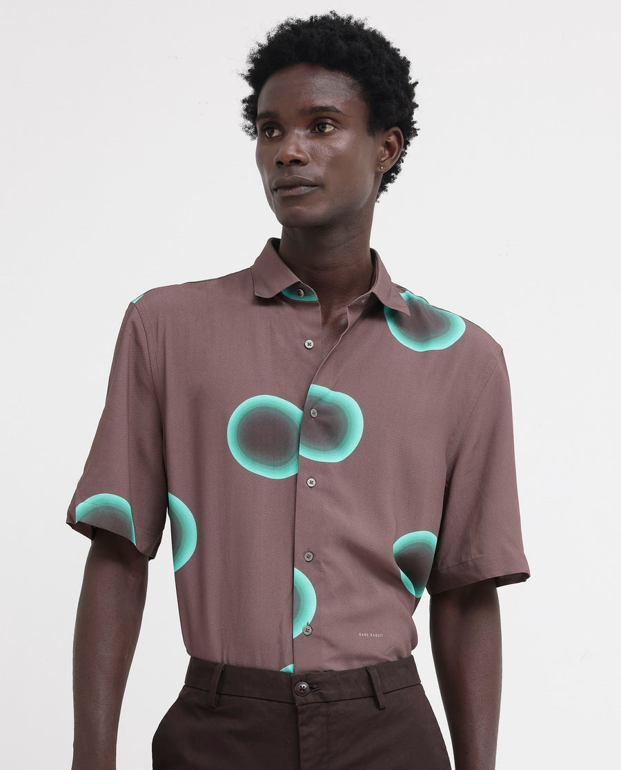 Rare Rabbit Men's Poblur Brown Viscose Polka Print Boxy Fit Half Sleeve Collared Shirt