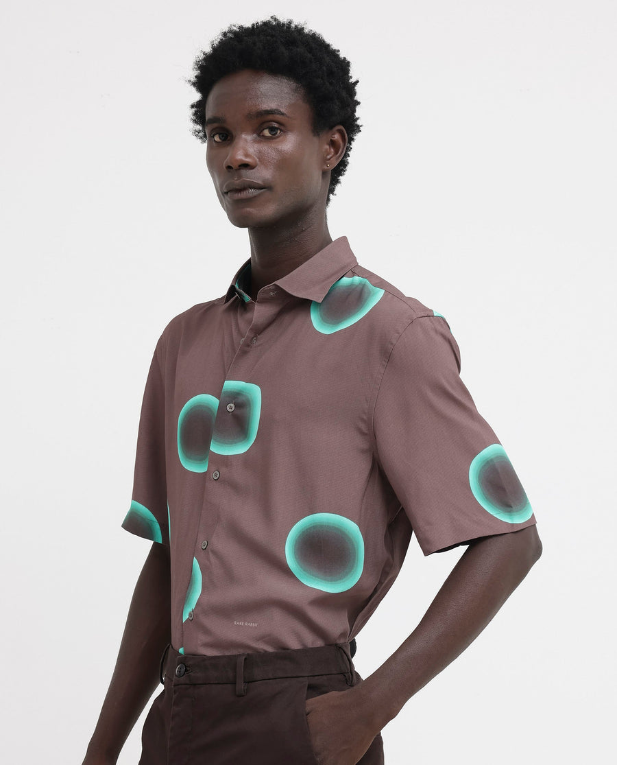 Rare Rabbit Men's Poblur Brown Viscose Polka Print Boxy Fit Half Sleeve Collared Shirt