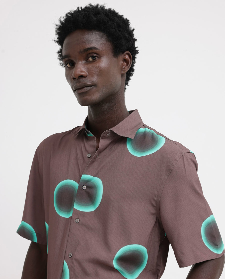 Rare Rabbit Men's Poblur Brown Viscose Polka Print Boxy Fit Half Sleeve Collared Shirt