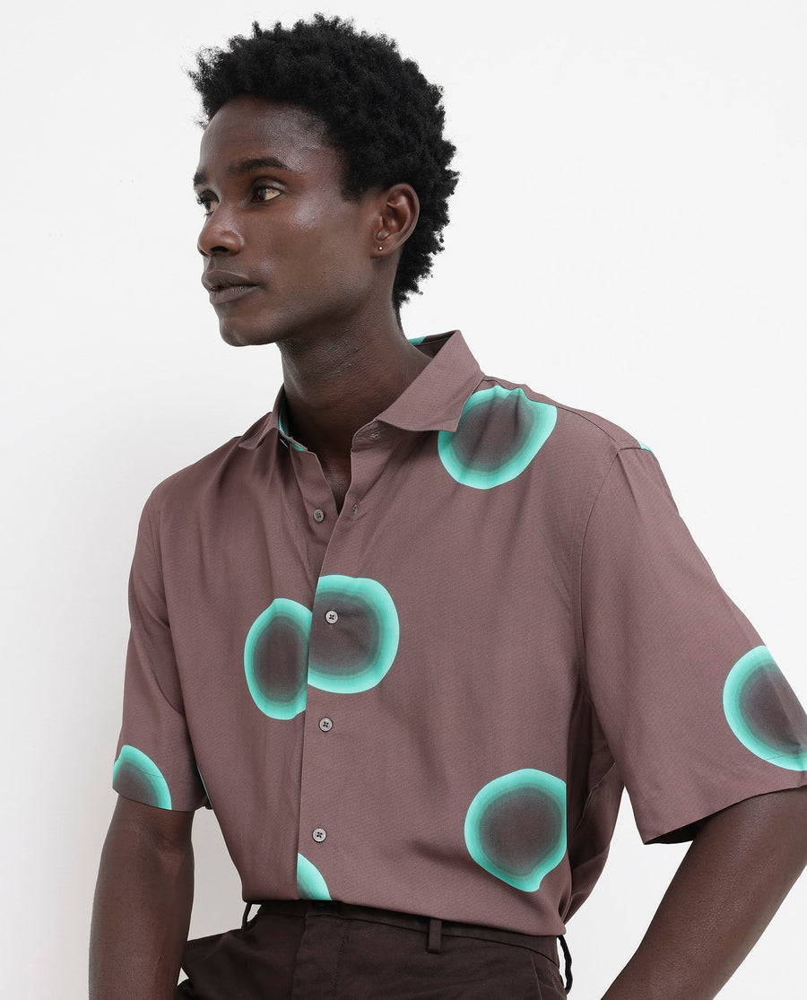 Rare Rabbit Men's Poblur Brown Viscose Polka Print Boxy Fit Half Sleeve Collared Shirt