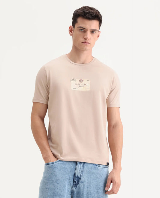 Rare Rabbit Men's Poca Beige Cotton Blend Graphic Print Regular Fit Half Sleeve Crew Neck T-Shirt