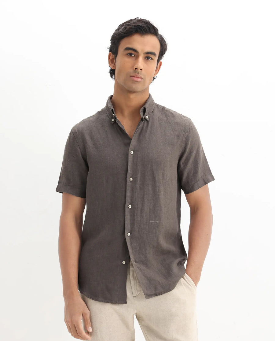 Rare Rabbit Men's Poist Dark Brown Linen Plain Regular Fit Half Sleeve Collared Shirt