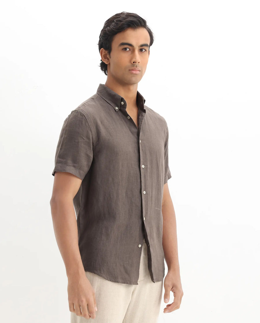 Rare Rabbit Men's Poist Dark Brown Linen Plain Regular Fit Half Sleeve Collared Shirt