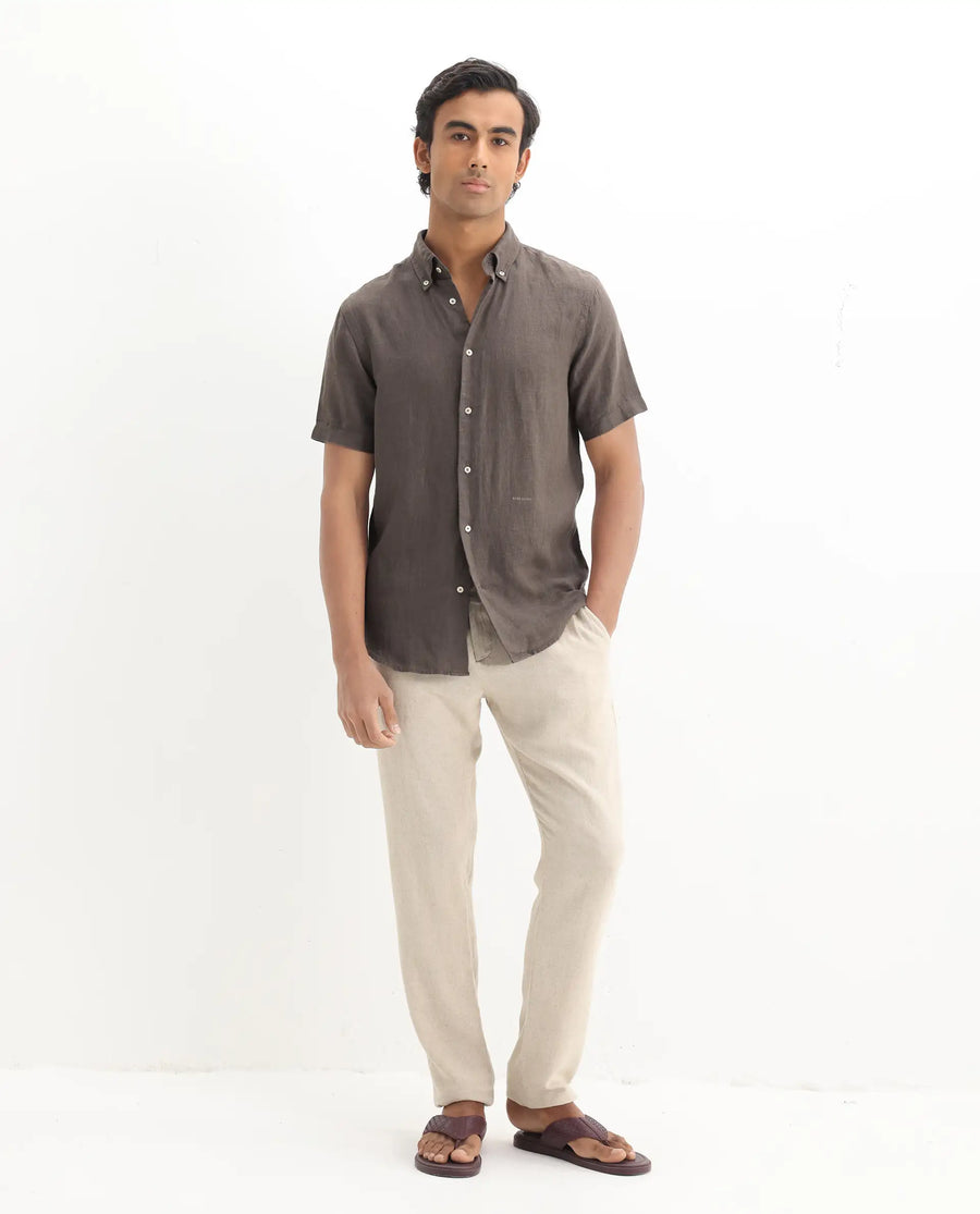 Rare Rabbit Men's Poist Dark Brown Linen Plain Regular Fit Half Sleeve Collared Shirt