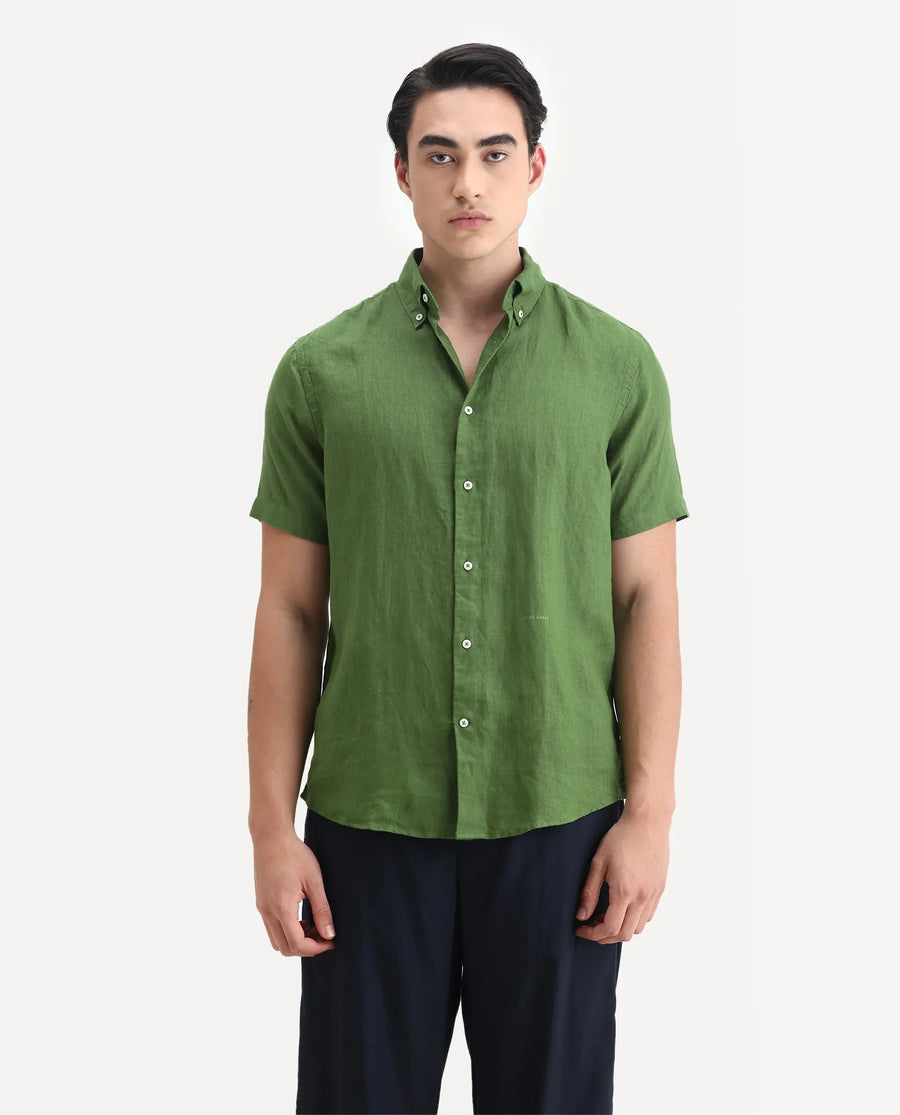 Rare Rabbit Men's Poist Jordin Linen Plain Regular Fit Half Sleeve Collared Shirt
