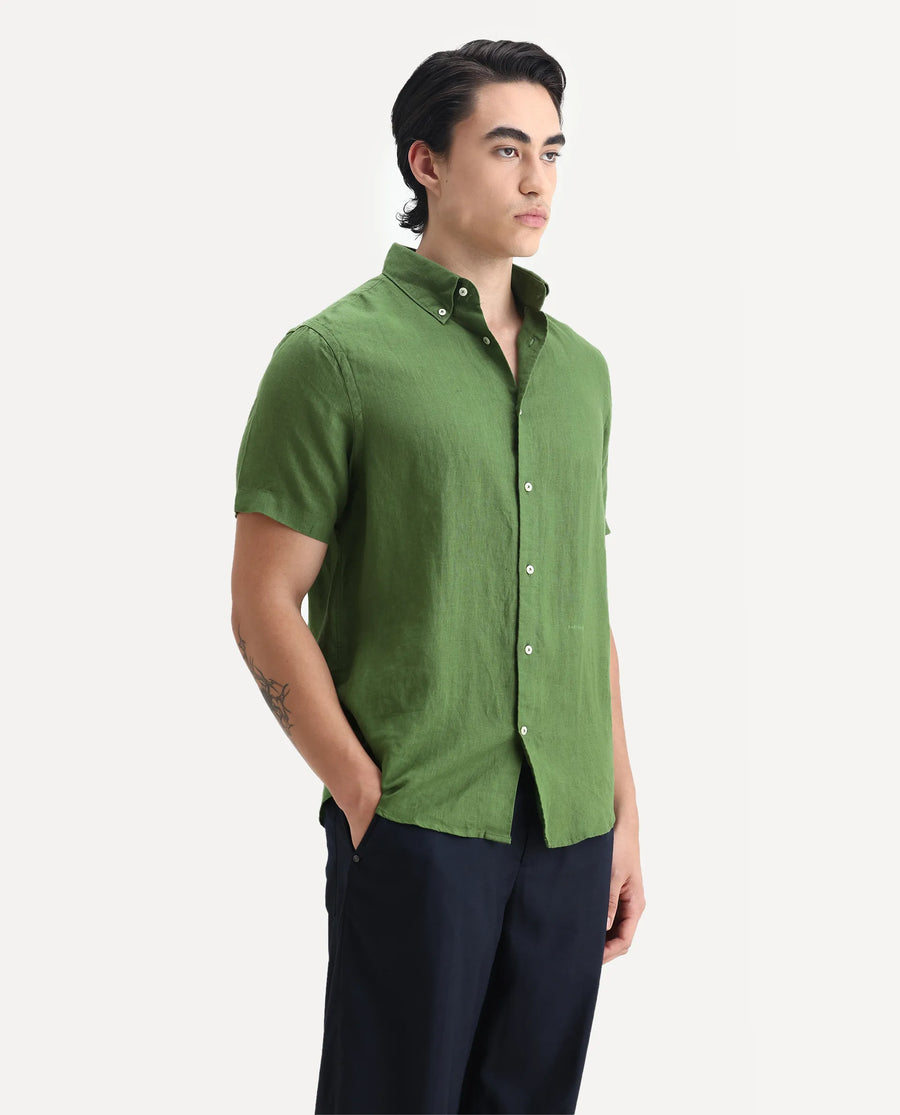 Rare Rabbit Men's Poist Jordin Linen Plain Regular Fit Half Sleeve Collared Shirt