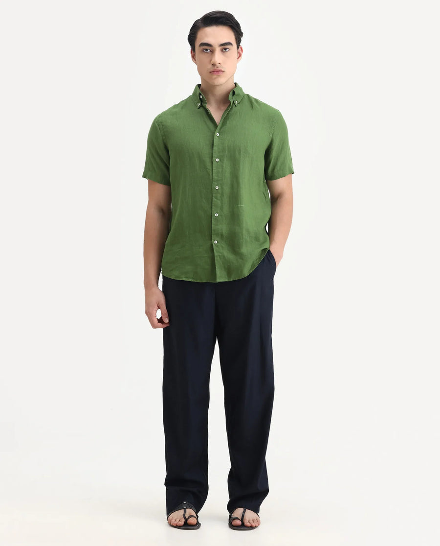 Rare Rabbit Men's Poist Jordin Linen Plain Regular Fit Half Sleeve Collared Shirt
