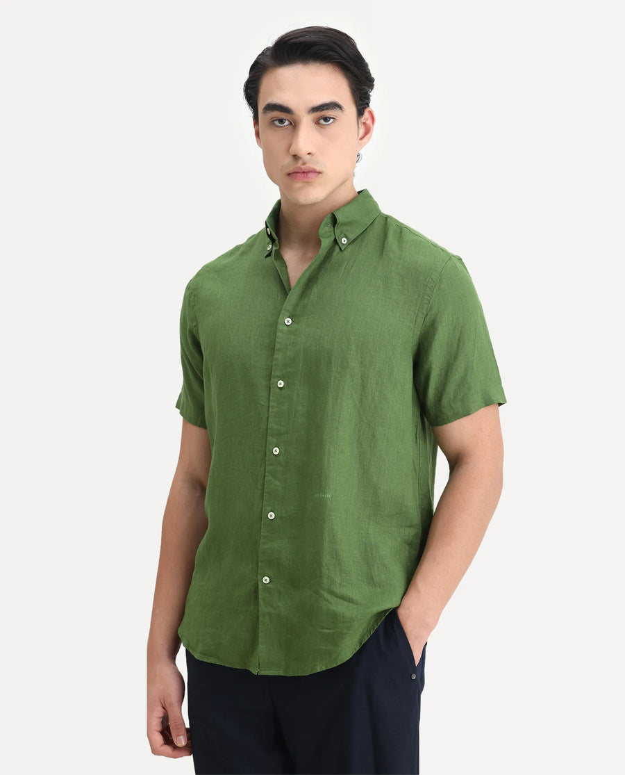 Rare Rabbit Men's Poist Jordin Linen Plain Regular Fit Half Sleeve Collared Shirt