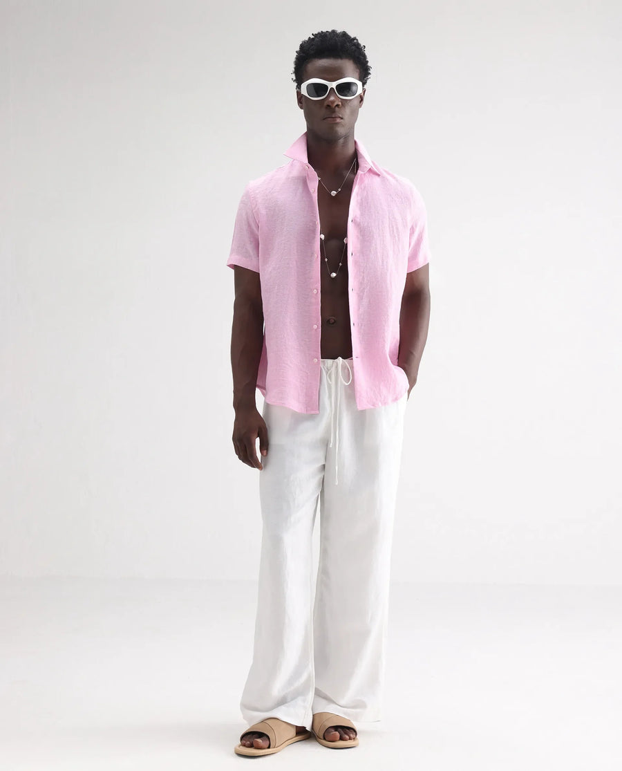 Rare Rabbit Men's Poist Pink 100% Linen Plain Regular Fit Half Sleeve Collared Shirt