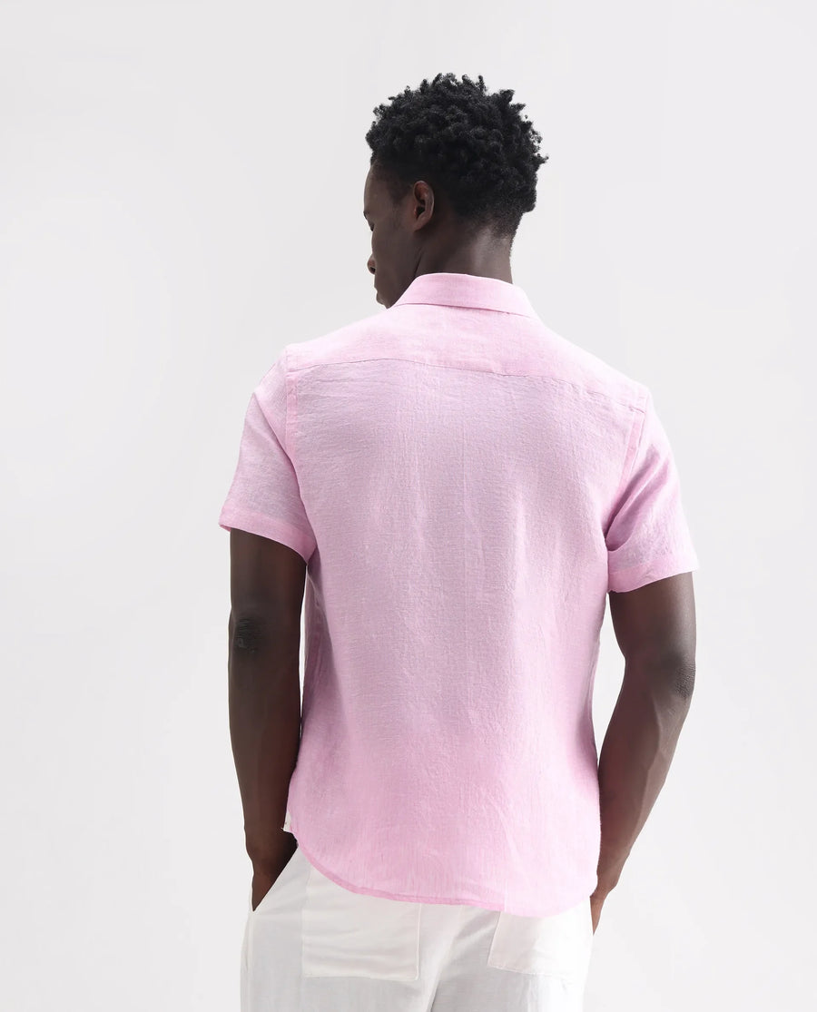 Rare Rabbit Men's Poist Pink 100% Linen Plain Regular Fit Half Sleeve Collared Shirt