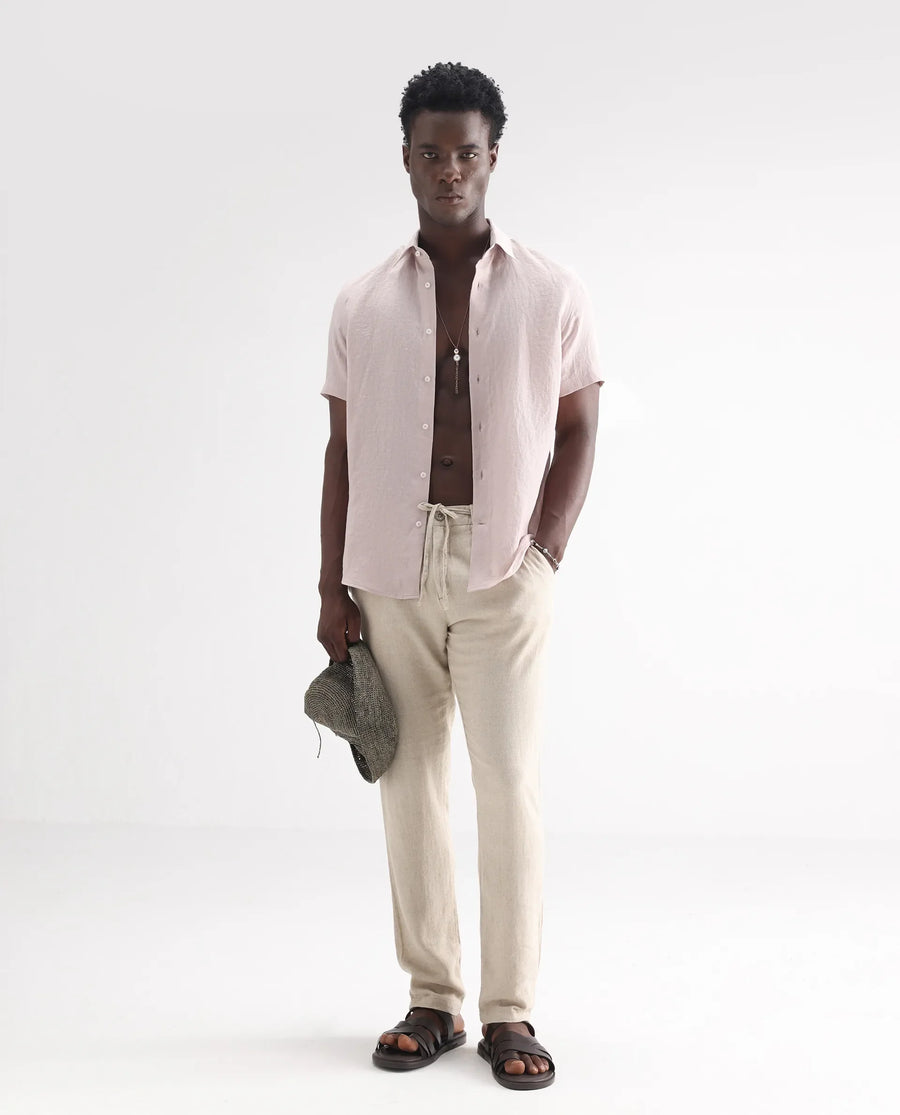 Rare Rabbit Men's Poist Dusky Pink 100% Linen Plain Regular Fit Half Sleeve Collared Shirt