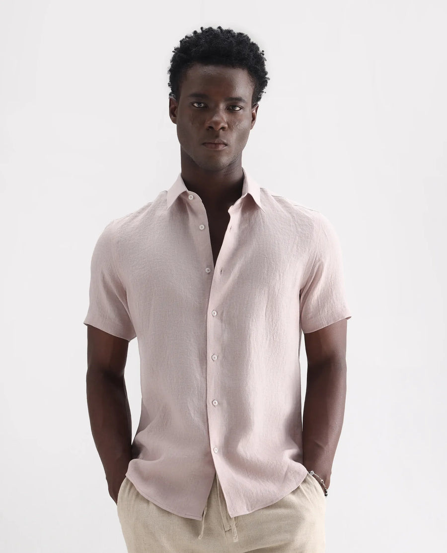 Rare Rabbit Men's Poist Dusky Pink 100% Linen Plain Regular Fit Half Sleeve Collared Shirt