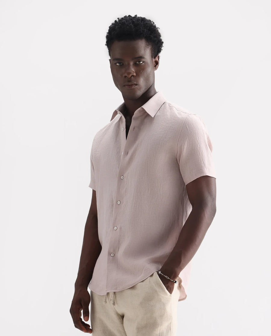 Rare Rabbit Men's Poist Dusky Pink 100% Linen Plain Regular Fit Half Sleeve Collared Shirt