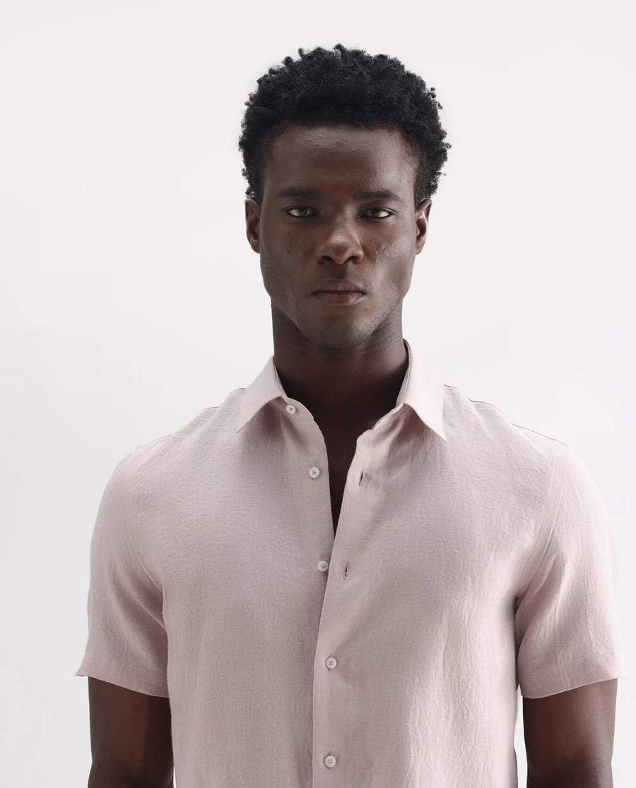 Rare Rabbit Men's Poist Dusky Pink 100% Linen Plain Regular Fit Half Sleeve Collared Shirt