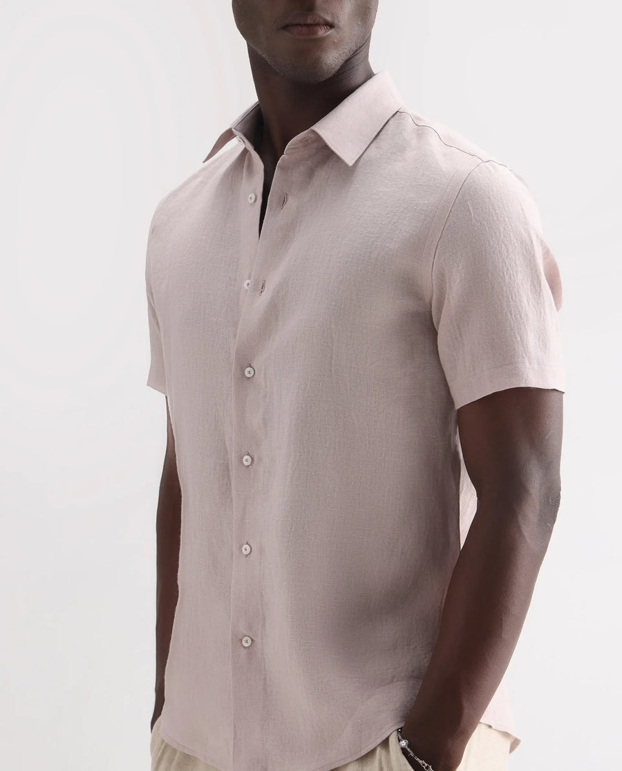 Rare Rabbit Men's Poist Dusky Pink 100% Linen Plain Regular Fit Half Sleeve Collared Shirt
