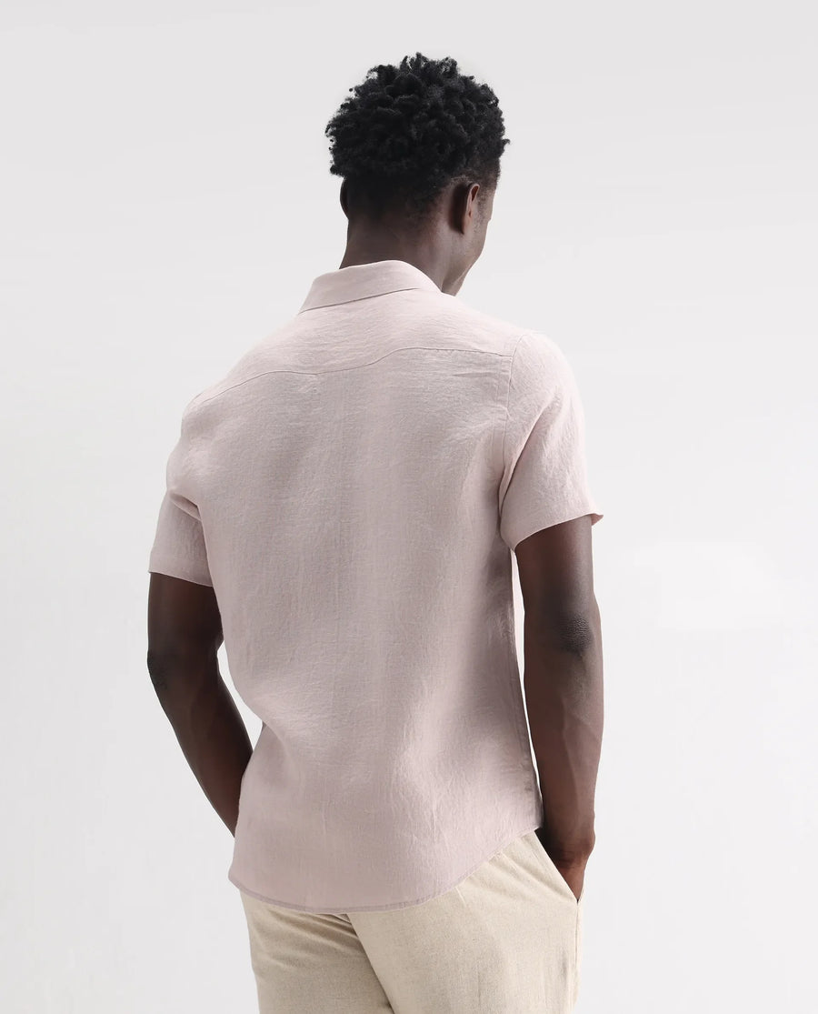 Rare Rabbit Men's Poist Dusky Pink 100% Linen Plain Regular Fit Half Sleeve Collared Shirt