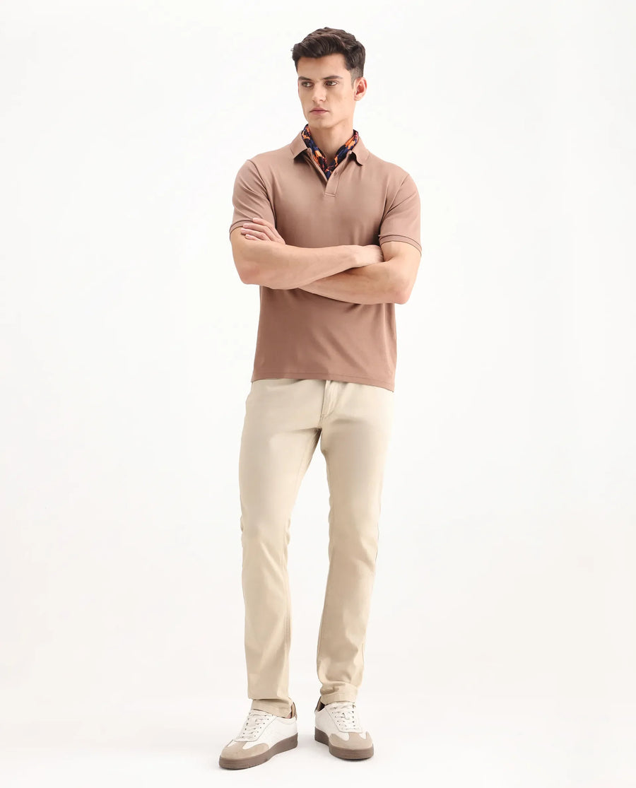 Rare Rabbit Men's Poke-2 Beige Cotton Plain Regular Fit Trouser