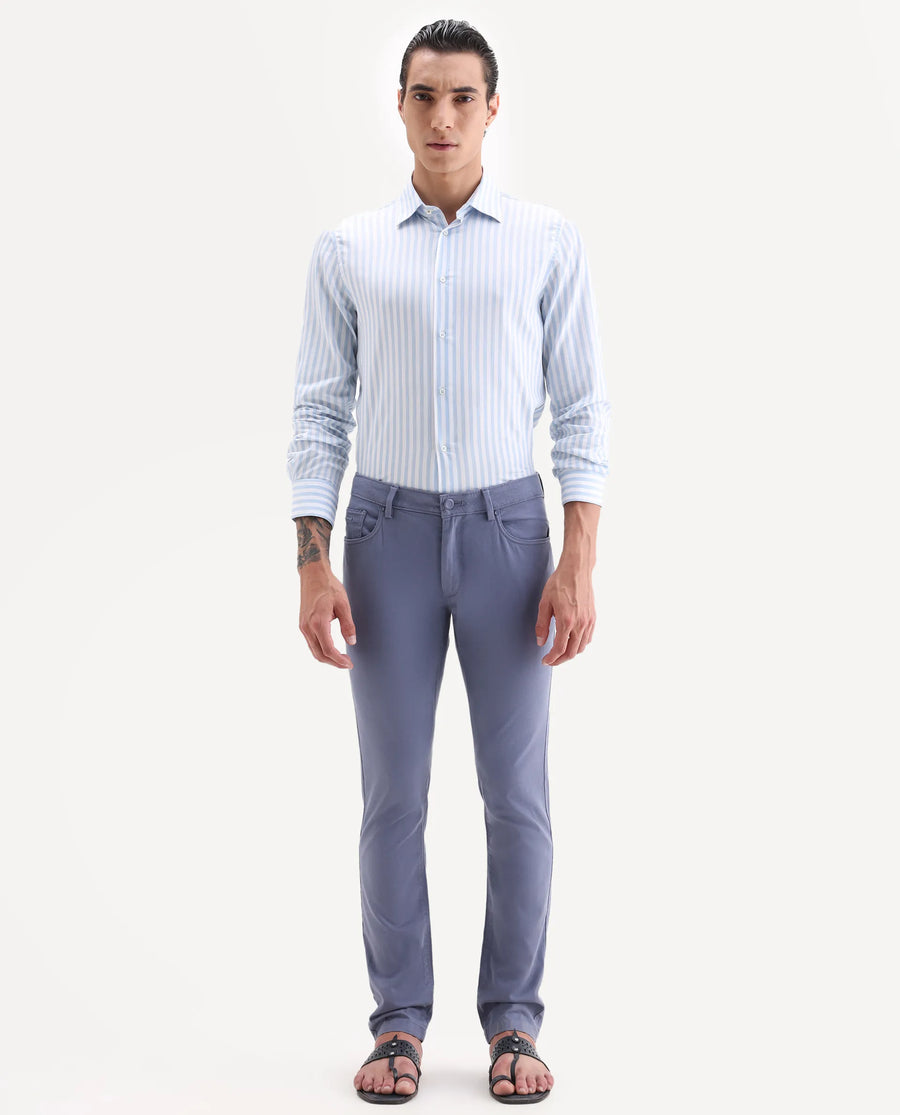 Rare Rabbit Men's Poke-2 Dusky Blue Cotton Plain Regular Fit Trouser