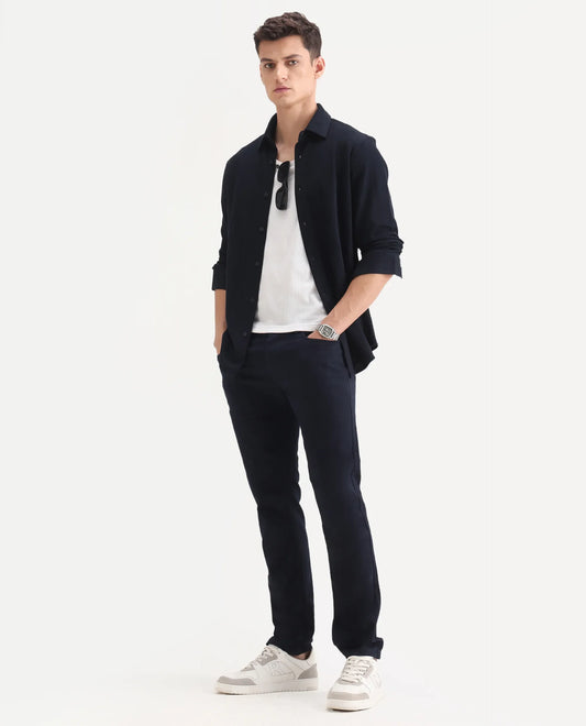 Rare Rabbit Men's Poke-2 Navy Cotton Plain Regular Fit Trouser