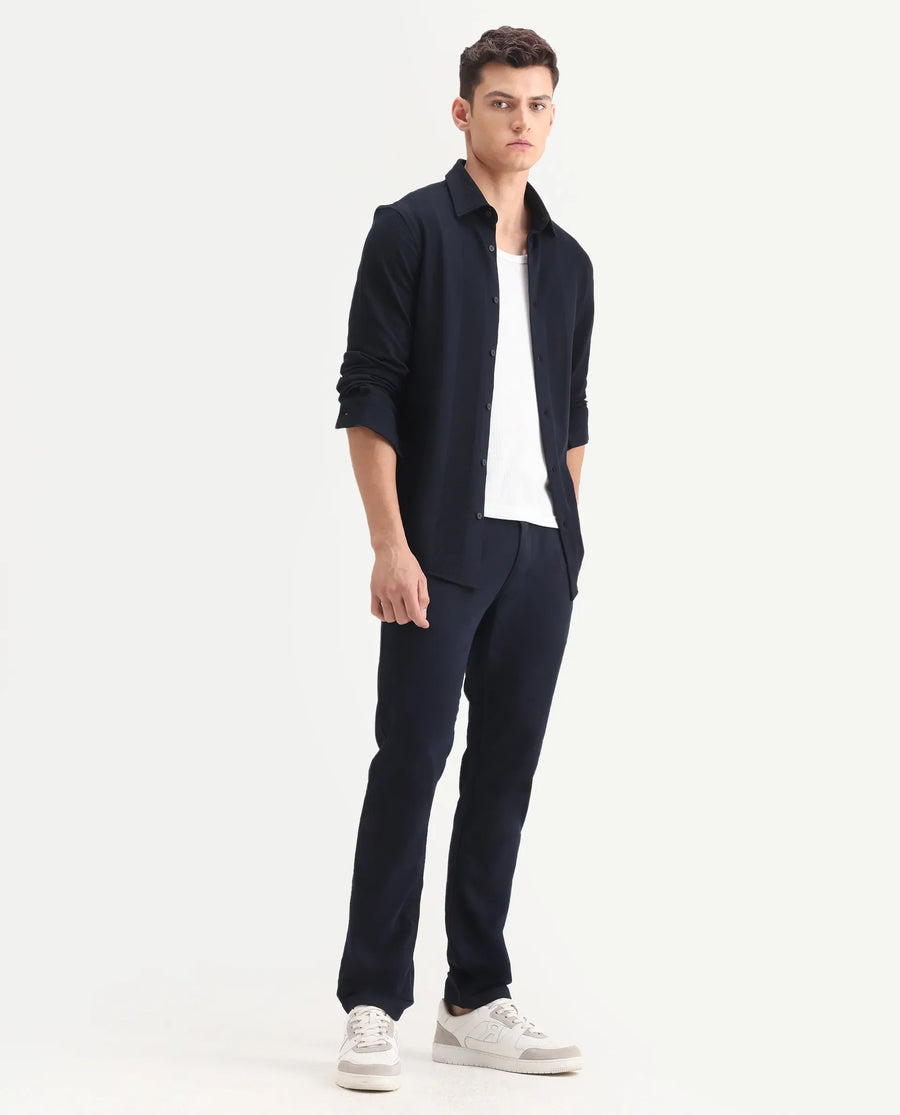Rare Rabbit Men's Poke-2 Navy Cotton Plain Regular Fit Trouser