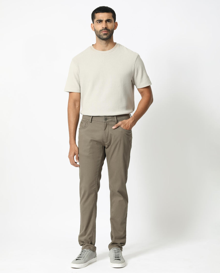 Rare Rabbit Men's Poke-2 Light Olive Cotton Plain Regular Fit Trouser