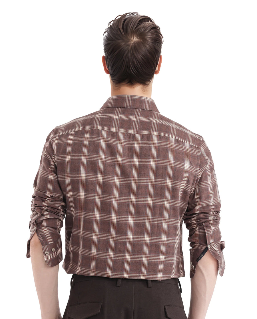 Rare Rabbit Men's Polaz Brown Cotton Checked Print Regular Fit Full Sleeve Collared Shirt
