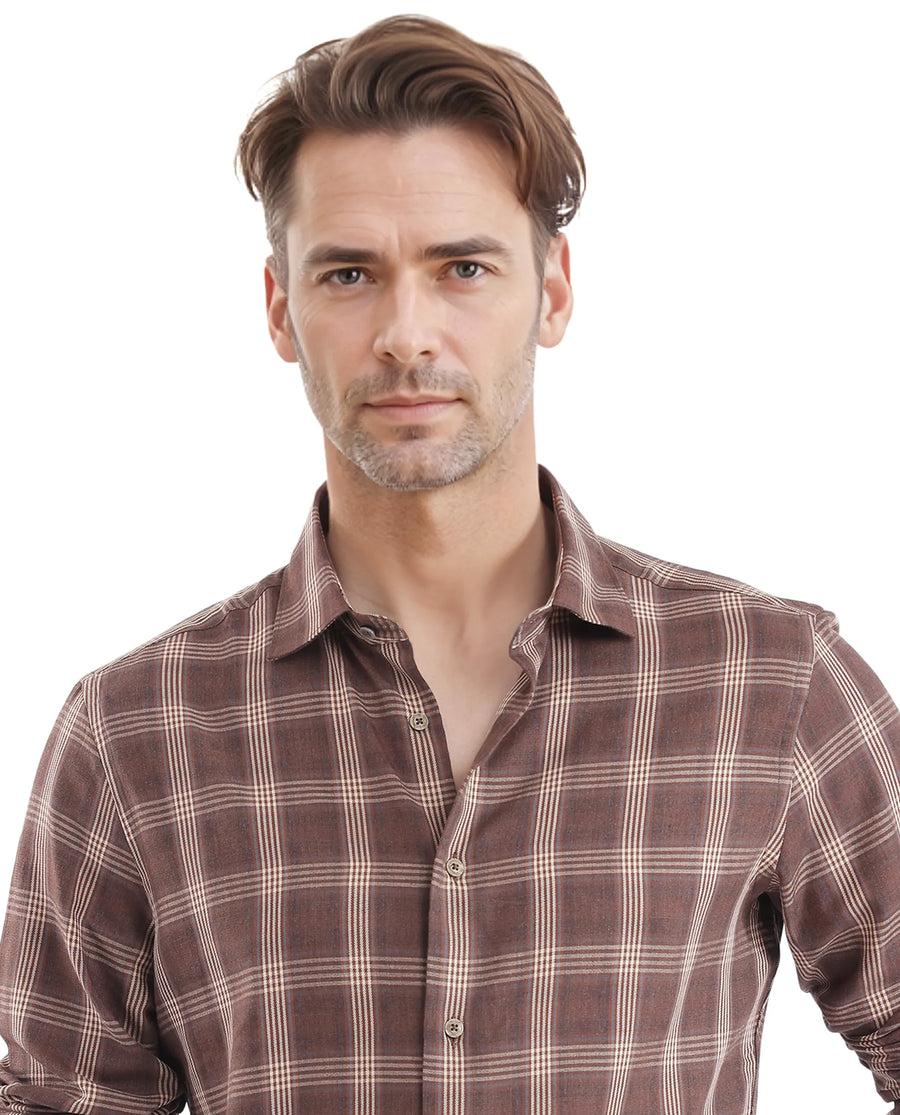 Rare Rabbit Men's Polaz Brown Cotton Checked Print Regular Fit Full Sleeve Collared Shirt