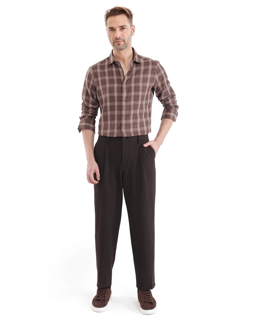 Rare Rabbit Men's Polaz Brown Cotton Checked Print Regular Fit Full Sleeve Collared Shirt