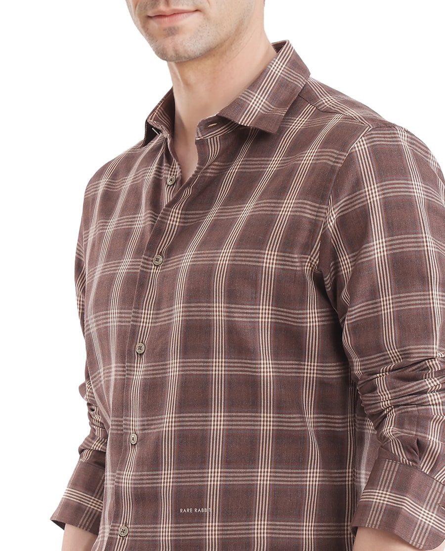 Rare Rabbit Men's Polaz Brown Cotton Checked Print Regular Fit Full Sleeve Collared Shirt