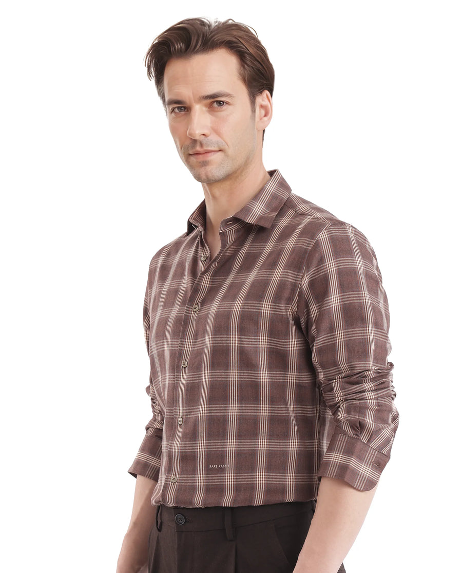Rare Rabbit Men's Polaz Brown Cotton Checked Print Regular Fit Full Sleeve Collared Shirt